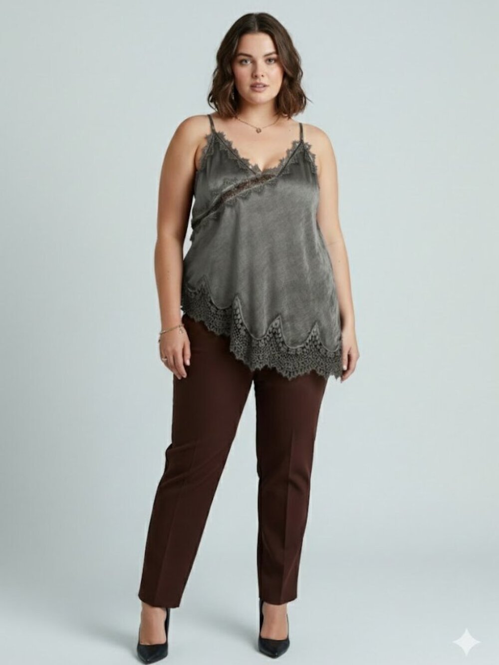 Made in Italy Flowing Satin Top with Elegant Lace Detail Plus Size in Kaki